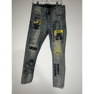 Men's THRT Denim snake graphic print jeans grey Graffiti Skinny 34